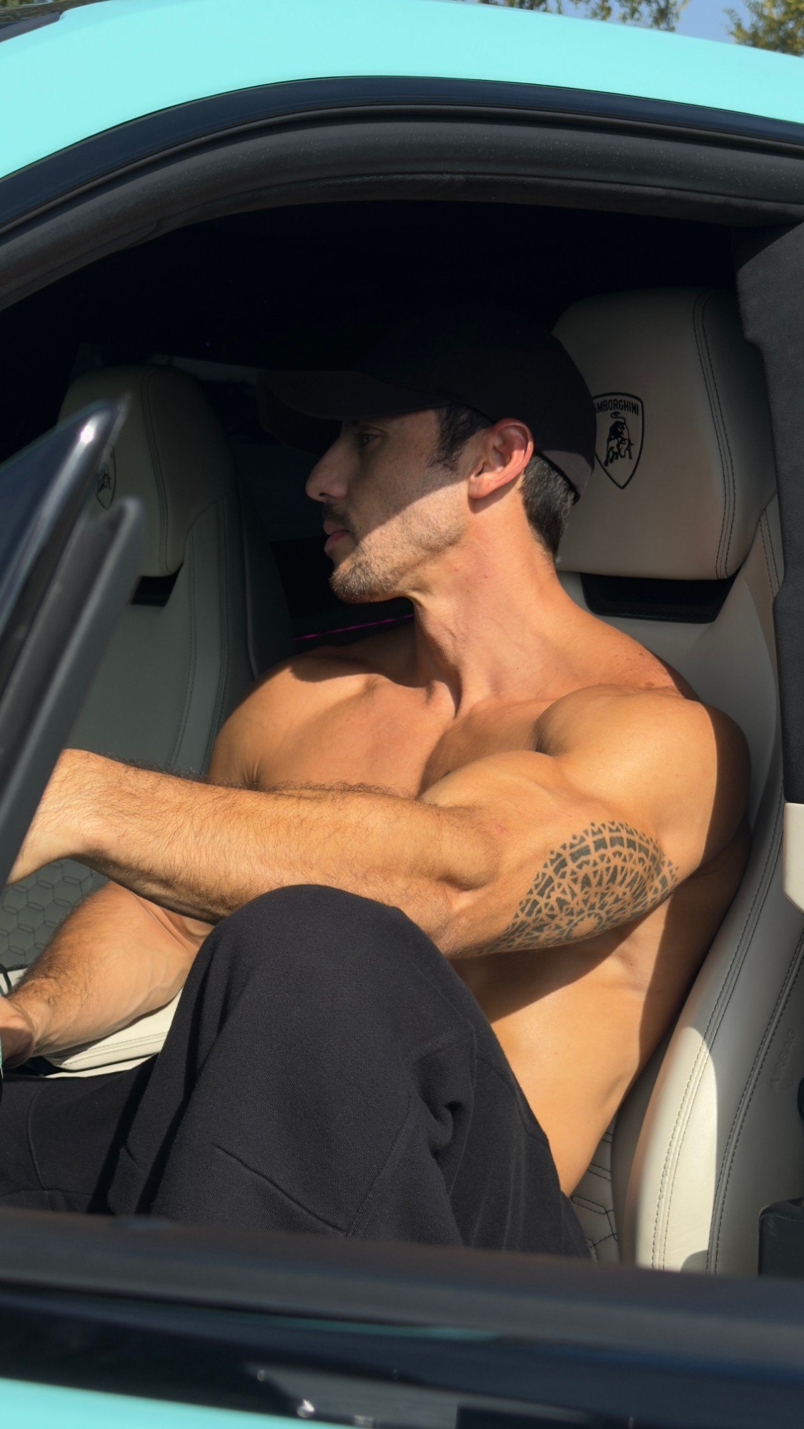 Kaissar en el auto, de perfil